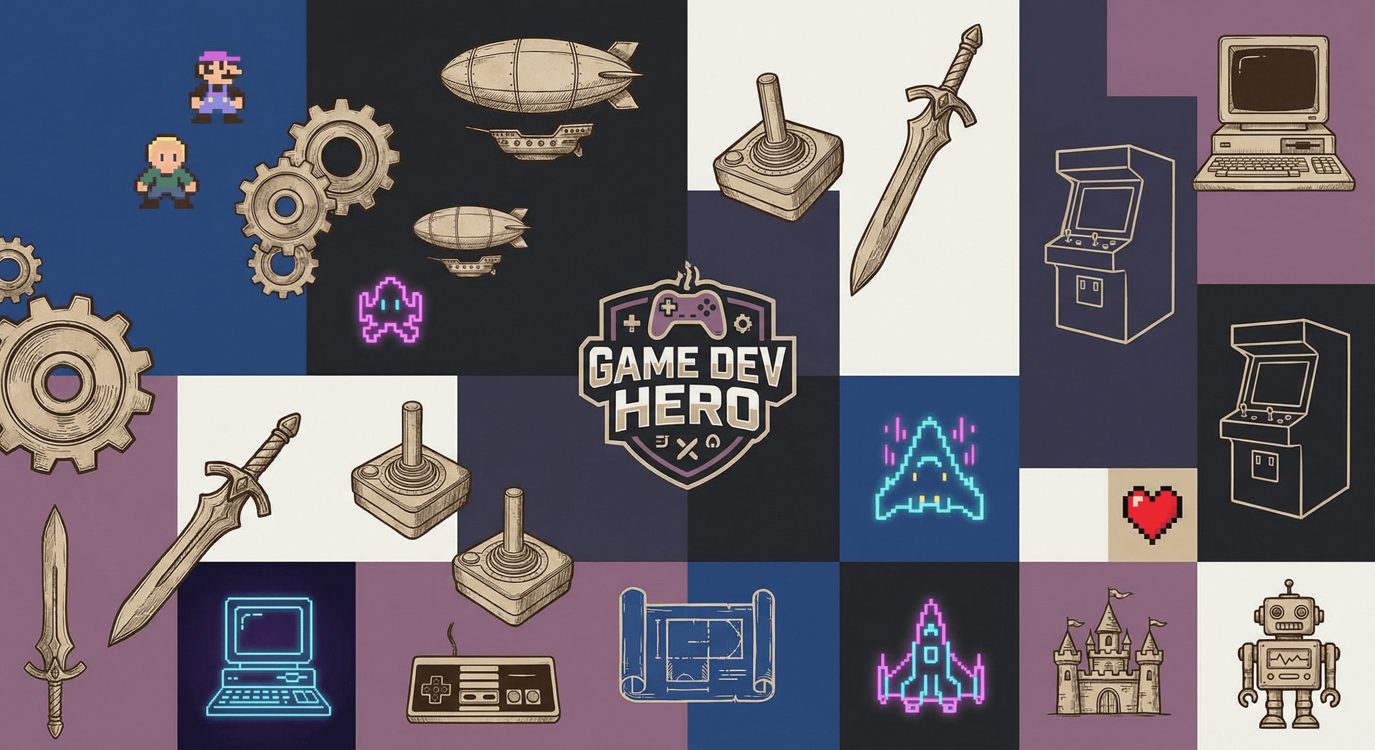 Gaming Collection Background - Retro, steampunk, and classic game development elements